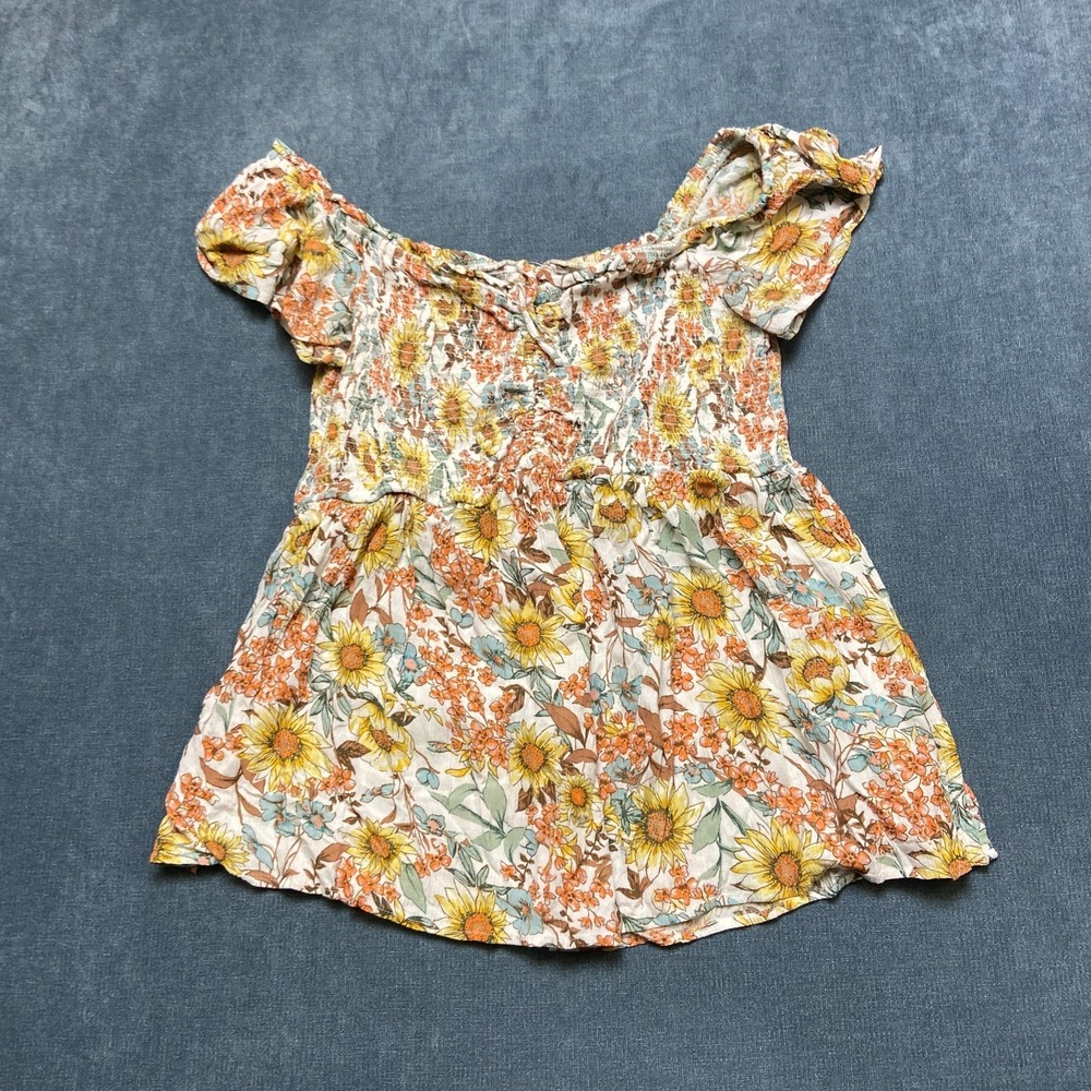 Maurices Blouse Top Womens 1X Multi Floral Sunflower Smocked Flutter Sleeve